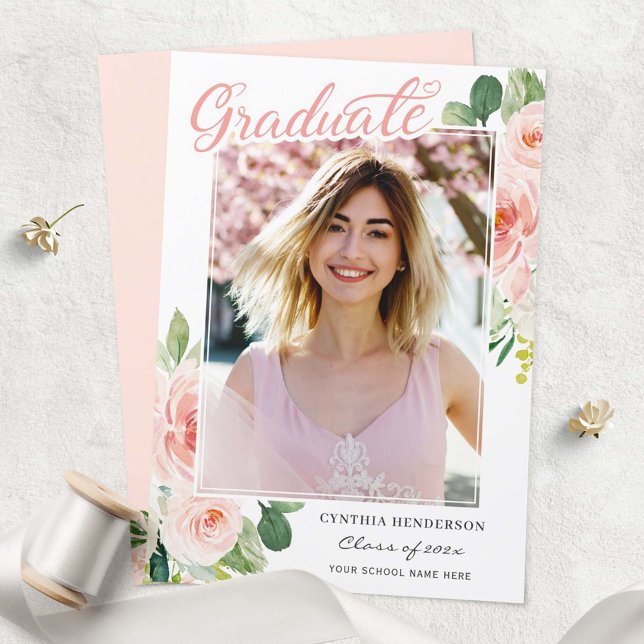 Elegant Pink Floral Graduate Photo Graduation Announcement (Creator Uploaded)