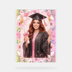 Elegant Pink Floral Graduation Party Invitation Acrylic Sign