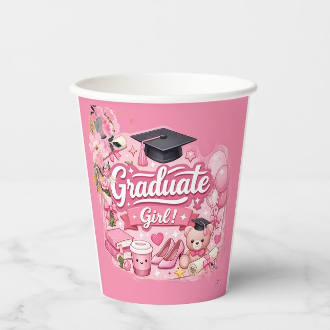 Elegant Pink Floral Graduation Party watch Paper Cups (Front)