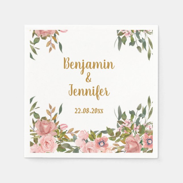 Elegant Pink Floral Greenery and gold Wedding Napkin (Front)