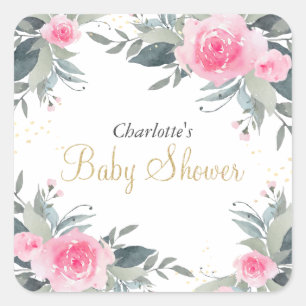 Elegant Pink Floral Greenery Baby Shower Sticker
