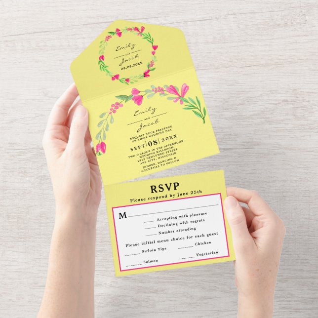 Elegant Pink Floral Greenery Light Yellow Wed RSVP All In One Invitation (Tearaway)