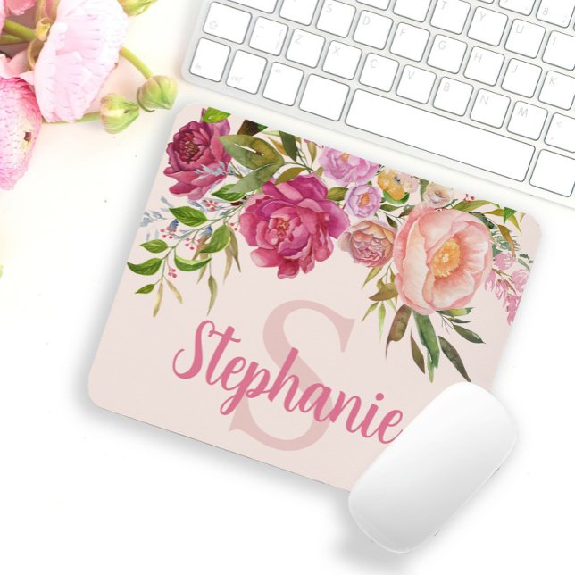 Elegant Pink Floral Greenery Monogram Name Initial Mouse Pad (Creator Uploaded)
