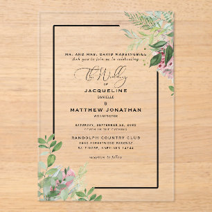 Elegant Pink Floral Greenery Wedding Acrylic Invitations