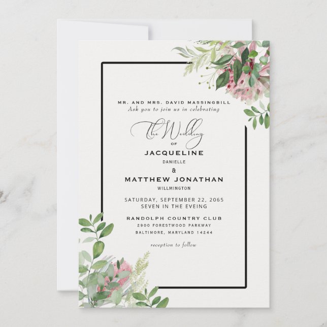 Elegant Pink Floral Greenery Wedding Invitation (Front)