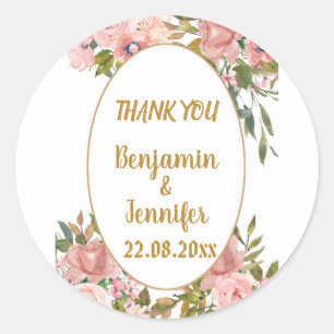 Elegant Pink Floral Greenery Wedding Thank You  Classic Round Sticker