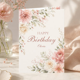 Elegant Pink Floral Happy Birthday Name Folded Card
