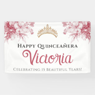 Elegant Pink Floral Happy Birthday Quinceañera Banner