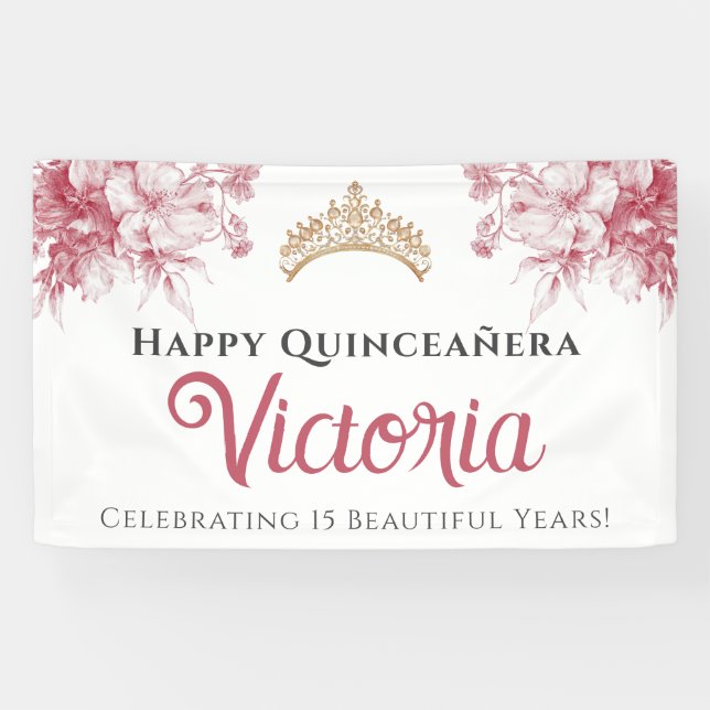 Elegant Pink Floral Happy Birthday Quinceañera Banner (Horizontal)