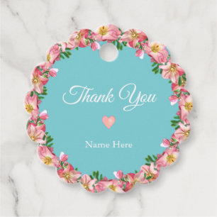 Elegant Pink Floral & Heart Thank You Favour Tags