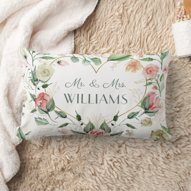 Elegant Pink Floral Heart Wedding & Anniversary  Lumbar Cushion (Blanket)