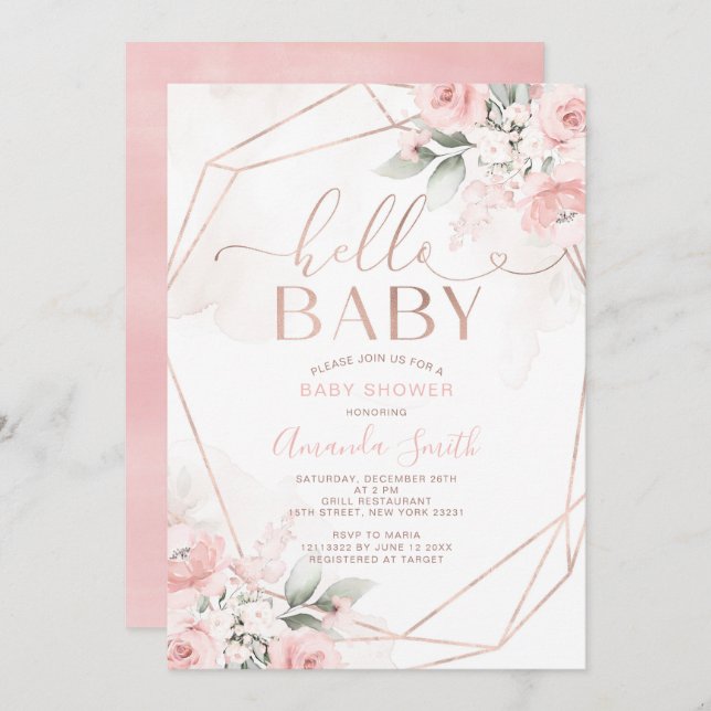 Elegant Pink Floral Hello Baby Shower Invitation (Front/Back)