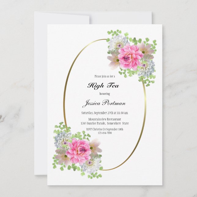 Elegant Pink Floral High Tea Bridal Shower Invitation (Front)
