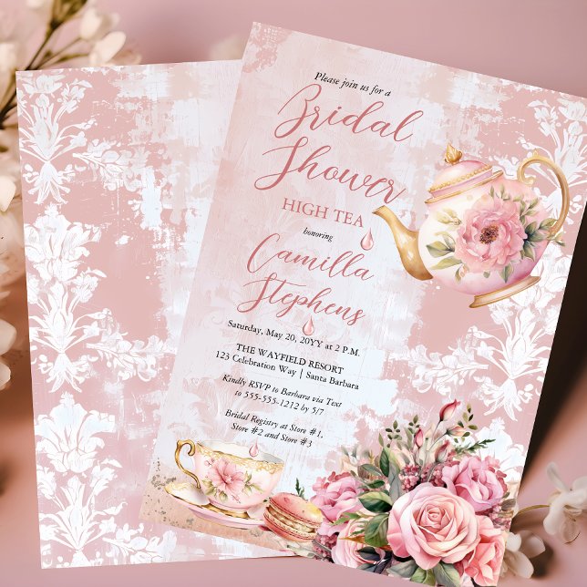 Elegant Pink Floral High Tea Bridal Shower Invitation (Elegant Pink Floral Teapot and Teacup "Bridal Shower High Tea" Invitation)