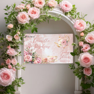 Elegant Pink Floral High Tea Girl Baby Shower Banner