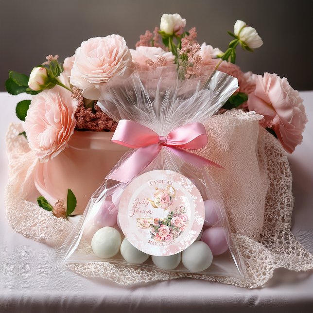 Elegant Pink Floral High Tea Girl Baby Shower Classic Round Sticker (Elegant Pink Roses Floral High Tea Teapot and Teacup Girl Baby Shower Favor Stickers)