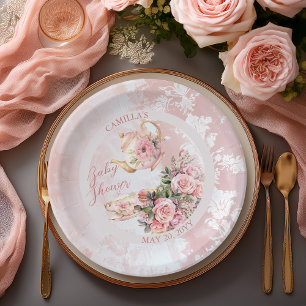 Elegant Pink Floral High Tea Girl Baby Shower Paper Plate