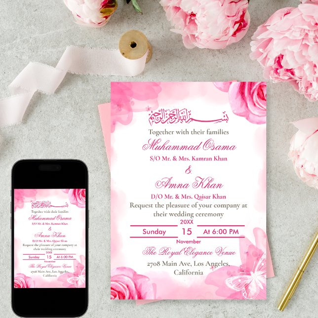 Elegant Pink Floral Islamic Muslim Wedding Invitation (Creator Uploaded)