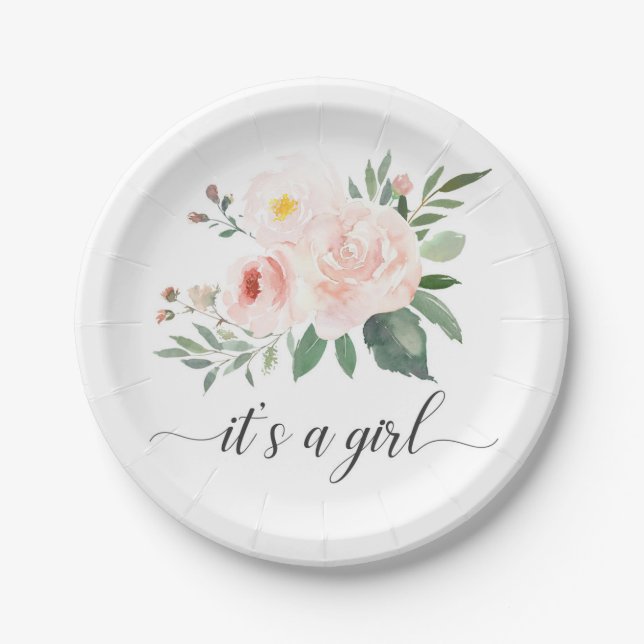 Elegant Pink Floral It's A Girl Baby Shower Plate (Front)