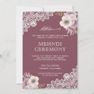 Elegant PInk Floral Lace Islamic Muslim Mehndi Invitation