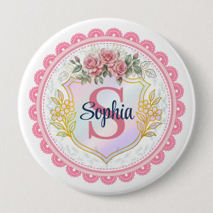 Elegant Pink Floral Lace Monogram Girly Custom 10 Cm Round Badge