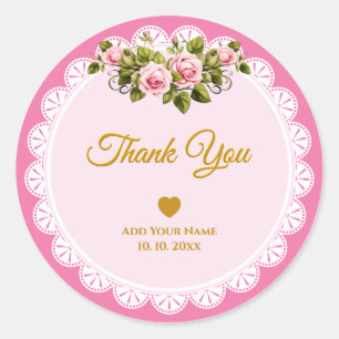 Elegant Pink Floral Lace "Thank You" Personalised Classic Round Sticker