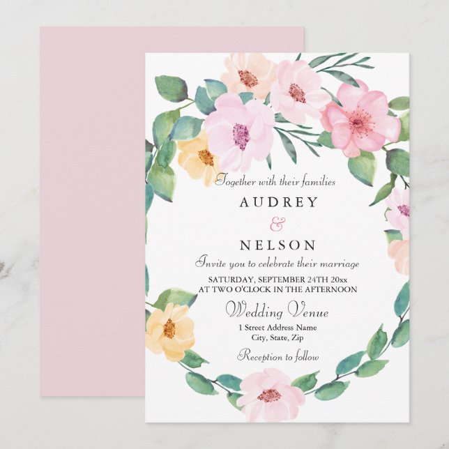 Elegant Pink Floral Leaf Wreath Wedding Invitation (Front/Back)