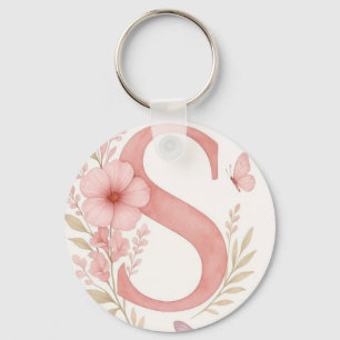 Elegant Pink Floral Letter S Monogram Keychain