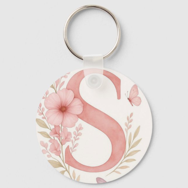 Elegant Pink Floral Letter S Monogram Keychain (Front)