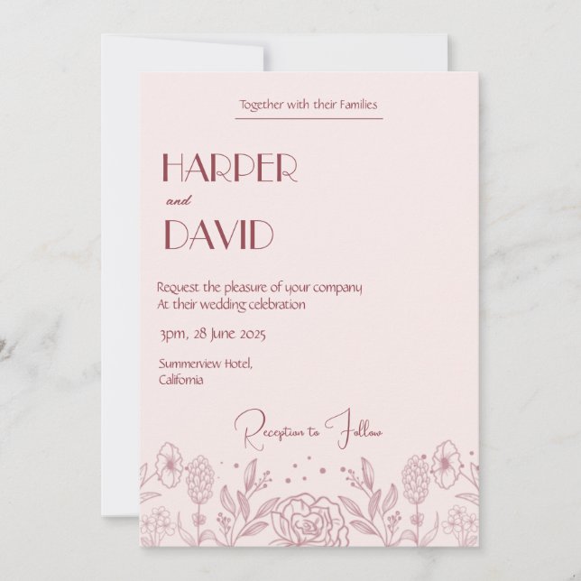 Elegant Pink Floral Line Wedding Invitation (Front)