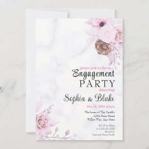 Elegant Pink Floral Marble Engagement Party Invitation