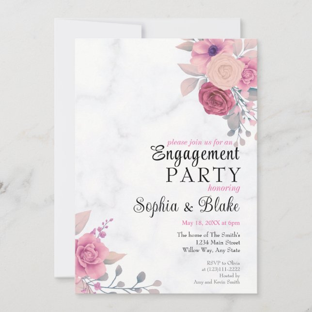 Elegant Pink Floral Marble Engagement Party Invitation (Front)