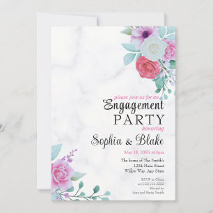 Elegant Pink Floral Marble Engagement Party Invitation