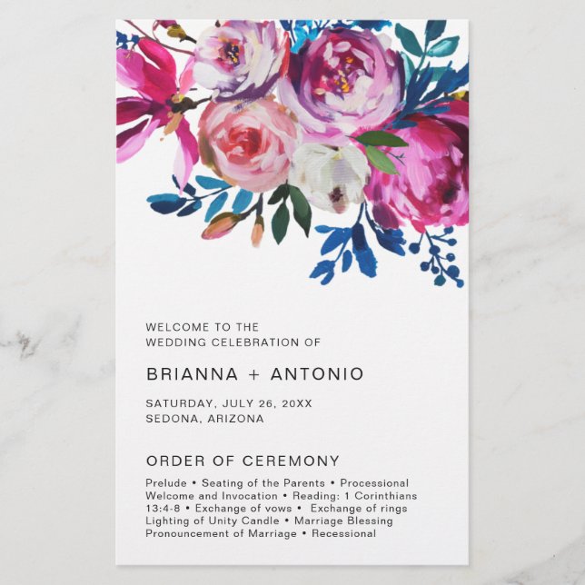 Elegant Pink Floral Modern Budget Wedding Program Flyer (Front)