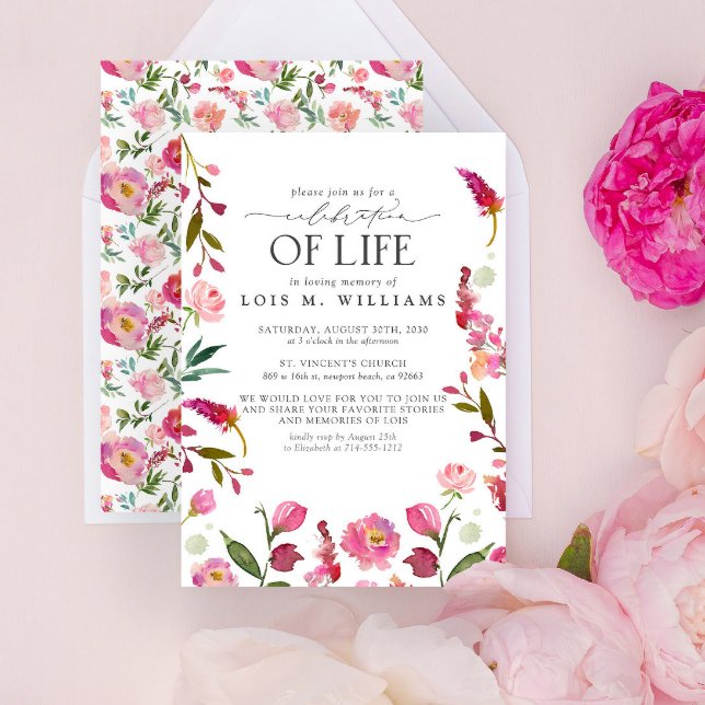 Elegant Pink Floral Modern Celebration of Life Invitation (Easily personalize with your unique details)