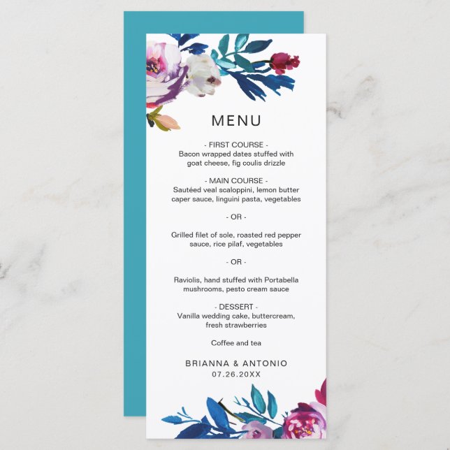 Elegant Pink Floral Modern Wedding Menu (Front/Back)