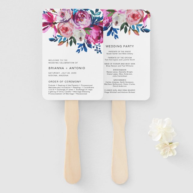 Elegant Pink Floral Modern Wedding Program Hand Fan (Front and Back)