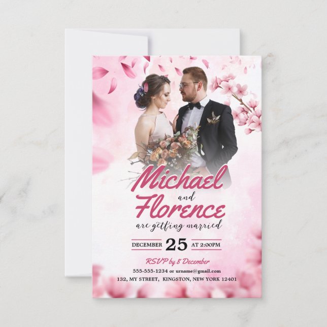 Elegant Pink Floral Modern Weding Photo Invitation (Front)