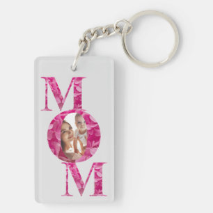 Elegant Pink Floral MOM Lettering Custom Photo Key Ring