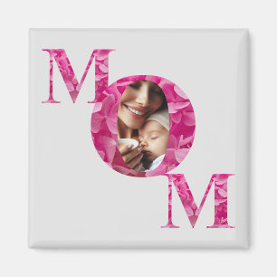 Elegant Pink Floral MOM Lettering Photo Custom Magnet