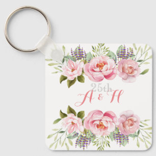 Elegant Pink Floral Monogram 25th Wedding Gift Key Ring