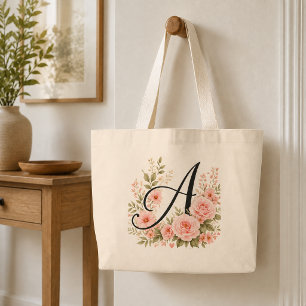 Elegant Pink Floral Monogram A Jumbo Tote Bag