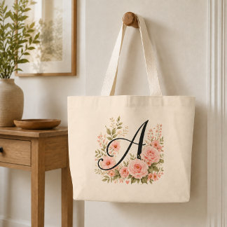 Elegant Pink Floral Monogram A Jumbo Tote Bag