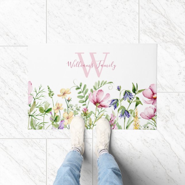 Elegant Pink Floral Monogram  Doormat (Indoor)