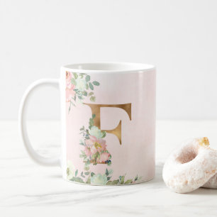 Elegant Pink Floral Monogram F Coffee Mug