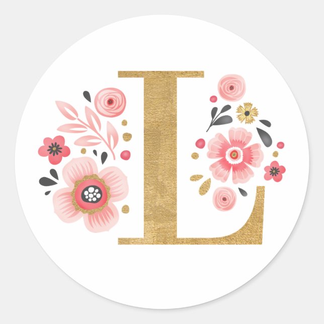 Elegant Pink Floral Monogram Initial Gold Letter L Classic Round Sticker (Front)