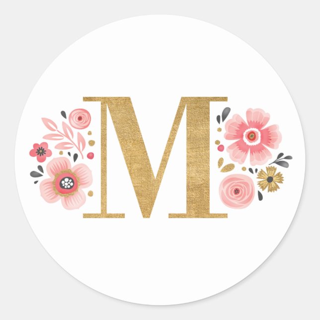 Elegant Pink Floral Monogram Initial Gold Letter M Classic Round Sticker (Front)
