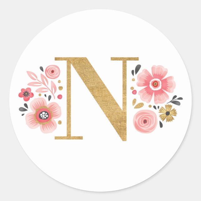Elegant Pink Floral Monogram Initial Gold Letter N Classic Round Sticker (Front)