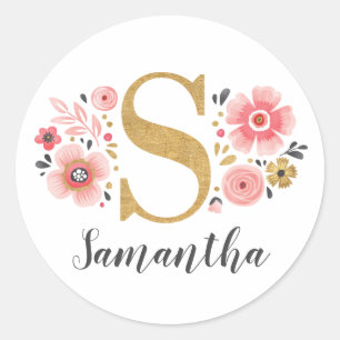 Elegant Pink Floral Monogram Initial Gold Letter S Classic Round Sticker