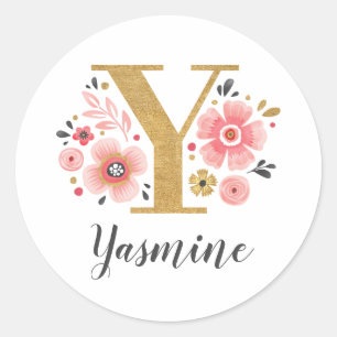 Elegant Pink Floral Monogram Initial Gold Letter Y Classic Round Sticker